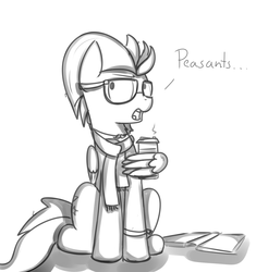 Size: 1600x1700 | Tagged: safe, artist:kippzu, lightning dust, pegasus, pony, g4, book, clothes, coffee, doodle, drawthread, eyeroll, female, glasses, hipster, scarf, sketch, solo, unfinished art, wing hold