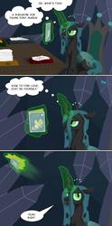 Size: 500x1009 | Tagged: safe, artist:quint-t-w, fluttershy, queen chrysalis, changeling, changeling queen, pegasus, pony, g4, cave, comic, crystal, desk, dialogue, female, magazine, magic, old art, paperwork, reading, sitting, thought bubble, throne, unamused, yeet