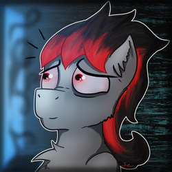 Size: 1300x1298 | Tagged: safe, artist:jesterpi, oc, oc:broken flare, dracony, dragon, hybrid, pony, abstract background, blue, gray, highlighted, noise, profile picture, red and black oc, scared, screen, shadow, shadow creature, spooked, stressed