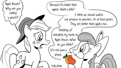 Size: 1200x675 | Tagged: safe, artist:pony-berserker, apple bloom, applejack, earth pony, pony, pony-berserker's twitter sketches, g4, apple sisters, black and white, bow, crying, dishonorapple, duo, eating, fake cutie mark, female, filly, foal, food, grayscale, halftone, hat, herbivore, horror, i can't believe it's not idw, it's not a phase, mare, monochrome, partial color, peach, puffy cheeks, siblings, signature, simple background, sisters, smiling, speech bubble, white background