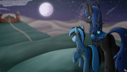 Size: 7680x4320 | Tagged: safe, artist:sevenserenity, oc, oc only, oc:icylightning, oc:queen lahmia, changeling, changeling queen, pegasus, pony, blue changeling, castle, commission, duo, female, hill, mare in the moon, moon, shooting star, spear, stars, weapon