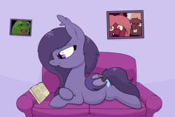 Size: 3418x2298 | Tagged: safe, artist:moonatik, oc, oc only, oc:arlia, oc:thorium, bat pony, pony, bat pony oc, book, communist manifesto, couch, female, framed picture, high res, lying down, mare, pepe the frog, pregnant, reading, solo, younger
