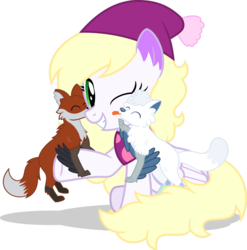 Size: 1280x1295 | Tagged: safe, artist:mlp-trailgrazer, oc, oc:feather paint, fox, pegasus, pony, wolf, christmas, female, grin, hat, holiday, mare, santa hat, simple background, smiling, transparent background
