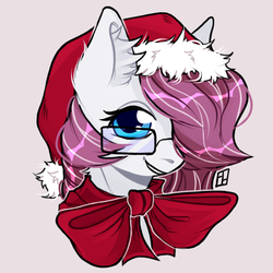 Size: 1300x1300 | Tagged: safe, artist:harold_horfager, oc, oc:astral heart, pony, bow, bust, christmas, female, glasses, hat, holiday, portrait, santa hat