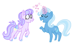 Size: 933x554 | Tagged: safe, artist:lil-demi-boy, trixie, oc, pegasus, pony, unicorn, g4, canon x oc, crack shipping, female, glowing horn, heart, hoof fluff, horn, mare, raised hoof, shipping, simple background, transparent background