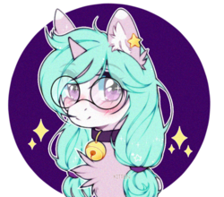 Size: 700x616 | Tagged: safe, artist:aniimoni, oc, oc only, pony, unicorn, bell, bell collar, blushing, bust, chest fluff, collar, ear fluff, female, glasses, looking at you, mare, pigtails, portrait, solo, sparkles, twintails