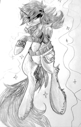 Size: 2486x3866 | Tagged: safe, artist:brainiac, derpibooru exclusive, oc, oc only, oc:littlepip, pony, unicorn, fallout equestria, black and white, bottomless, brainiacs sketchbook (set), clothes, fanfic, fanfic art, female, glowing horn, grayscale, high res, hooves, horn, jumpsuit, levitation, magic, magic aura, mare, monochrome, partial nudity, pipbuck, self-levitation, simple background, sketch, solo, telekinesis, traditional art, vault suit, white background