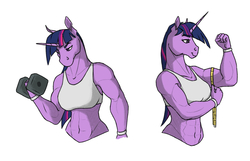 Size: 1461x938 | Tagged: safe, artist:akweer, twilight sparkle, unicorn, anthro, g4, abs, biceps, breasts, clothes, dumbbell (object), flexing, measuring tape, muscles, simple background, smiling, sports bra, twilight muscle, weights, white background, wristband
