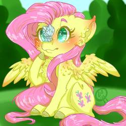 Size: 1024x1024 | Tagged: safe, artist:qiliang4131, fluttershy, butterfly, pegasus, pony, g4, blushing, butterfly on nose, cheek fluff, chest fluff, colored hooves, cross-eyed, cute, ear fluff, female, hoof on chin, insect on nose, looking at something, mare, outdoors, raised hoof, shoulder fluff, shyabetes, sitting, solo, spread wings, three quarter view, wings