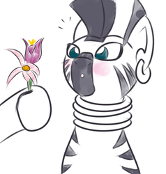 Size: 370x388 | Tagged: safe, artist:yakoshi, zecora, pony, zebra, g4, blushing, cropped, cute, ear piercing, earring, female, flower, hoof hold, jewelry, mare, monochrome, neck rings, offscreen character, partial color, piercing, quadrupedal, simple background, solo focus, white background, zecorable