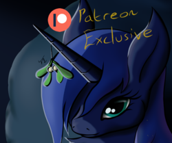 Size: 661x552 | Tagged: safe, artist:tunrae, princess luna, alicorn, pony, g4, female, looking at you, mare, mistletoe, patreon, patreon exclusive, patreon logo, solo