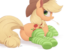 Size: 1500x992 | Tagged: safe, artist:ncmares, applejack, earth pony, pony, g4, applebutt, applejack's hat, butt, butt freckles, chest fluff, clothes, cowboy hat, cute, dock, ear fluff, female, freckles, hat, jackabetes, looking back, lying down, mare, plot, profile, simple background, smiling, socks, solo, straw in mouth, striped socks, white background