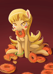 Size: 2048x2897 | Tagged: safe, artist:tony-retro, oc, oc only, bat pony, pony, anime, bakemonogatari, blonde mane, blush sticker, blushing, bracelet, chest fluff, donut, ear fluff, eating, fangs, female, food, golden eyes, high res, jewelry, looking at you, mare, ponified, shinobu oshino, simple background, sitting, slit pupils, solo, wings