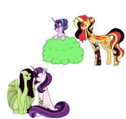 Size: 6200x5867 | Tagged: safe, artist:icicle-niceicle-1517, artist:moonlight0shadow0, color edit, edit, starlight glimmer, sunset shimmer, oc, oc:evening glitter, oc:white lilly, pegasus, pony, unicorn, icey-verse, g4, alternate hairstyle, blind eye, bush, collaboration, colored, ear piercing, earring, evening lilly, eye scar, eyebrow piercing, eyeshadow, family, female, hiding, jewelry, lesbian, lip piercing, looking at each other, magical lesbian spawn, makeup, mare, mother and daughter, nose piercing, oc x oc, offspring, parent:applejack, parent:starlight glimmer, parent:strawberry sunrise, parent:sunset shimmer, parents:applerise, parents:shimmerglimmer, piercing, scar, ship:shimmerglimmer, shipping, simple background, sitting, snake bites, spying, tattoo, transparent background