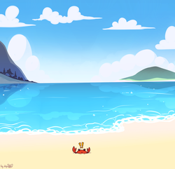 Size: 1971x1898 | Tagged: safe, alternate version, artist:dsp2003, crab, beach, cloud, exclamation point, island, no pony, ocean, scenery