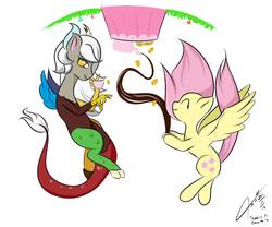 Size: 1200x1000 | Tagged: safe, artist:asajiopie01, discord, fluttershy, draconequus, pegasus, pony, g4, anti-gravity hair, chaos, cookie, cup, discord being discord, duo, eris, eyes closed, food, rule 63, simple background, tea, tea party, teacup, upside down, white background