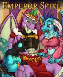 Size: 1887x2300 | Tagged: safe, artist:empressbridle, princess ember, spike, thorax, changeling, dragon, anthro, fanfic:emperor spike, g4, bisexual, breasts, busty princess ember, clothes, concubine, crossdressing, dragon lord spike, dragoness, fanfic, fanfic art, fanfic cover, female, harem, harem outfit, male, older, older spike, slave, winged spike, wings