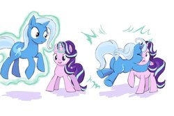 Size: 1200x800 | Tagged: safe, artist:yuniuni11, starlight glimmer, trixie, pony, unicorn, g4, female, floating, glowing horn, horn, hug, lesbian, mare, ship:startrix, shipping, simple background, white background