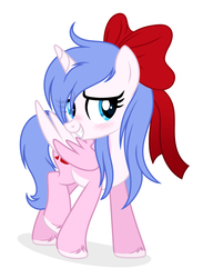 Size: 2241x3065 | Tagged: safe, artist:mint-light, artist:rioshi, artist:starshade, oc, oc only, oc:rioshi sweet, alicorn, pony, alicorn oc, blushing, bow, female, grin, hair bow, high res, horn, looking at you, mare, simple background, smiling, solo, unshorn fetlocks, white background