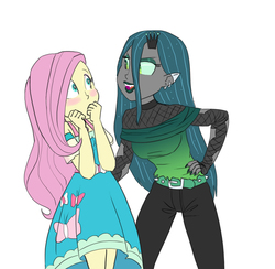 Size: 871x850 | Tagged: safe, artist:carnifex, fluttershy, queen chrysalis, human, equestria girls, g4, chrysashy, clothes, commission, digital art, ear piercing, earring, equestria girls-ified, female, fishnet clothing, geode of fauna, jewelry, lesbian, magical geodes, piercing, shipping, younger