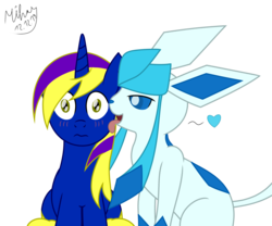 Size: 4253x3540 | Tagged: safe, artist:mihay, oc, oc:darkgloones, glaceon, pony, blushing, cheek kiss, female, heart, kissing, licking, love, male, pokémon, straight, tongue out