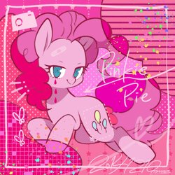 Size: 1720x1720 | Tagged: safe, artist:potetecyu_to, pinkie pie, earth pony, pony, g4, abstract background, bandaid, camera, cute, diapinkes, female, heart, lidded eyes, looking at you, mare, solo, teardrop