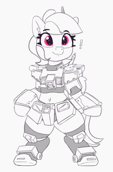 Size: 2255x3413 | Tagged: safe, artist:pabbley, rainbow dash, pegasus, pony, semi-anthro, g4, arm hooves, armor, bipedal, clothes, cosplay, costume, cute, dashabetes, ear fluff, exclamation point, female, gundam, high res, mobile suit, partial color, rgm-79n gm custom, solo