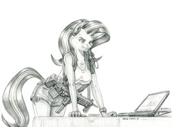 Size: 1400x1030 | Tagged: safe, artist:baron engel, starlight glimmer, unicorn, anthro, g4, breasts, clothes, computer, fallout, fallout 4, female, grayscale, gun, laptop computer, mare, monochrome, pencil drawing, samopal vzor 48, shorts, simple background, submachinegun, tank top, traditional art, watching, weapon, white background