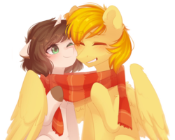 Size: 1523x1223 | Tagged: source needed, safe, artist:floweryoutoday, oc, pegasus, pony, unicorn, clothes, colored hooves, duo, eyes closed, grin, scarf, shared clothing, shared scarf, simple background, smiling, transparent background