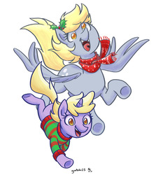 Size: 2276x2550 | Tagged: safe, artist:gintoki23, derpy hooves, dinky hooves, pegasus, pony, unicorn, g4, christmas, christmas sweater, clothes, colored pupils, cute, derpabetes, dinkabetes, duo, equestria's best daughter, equestria's best mother, female, filly, hair accessory, headcanon, high res, holiday, holly, mare, open mouth, scarf, simple background, sweater, white background