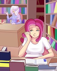 Size: 962x1200 | Tagged: safe, artist:annon, diamond rose, lily lace, human, g4, book, bookshelf, clothes, female, gloves, hair, humanized, jewelry, necklace, offscreen character, open book, pearl necklace, shirt