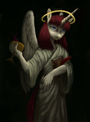 Size: 2832x3854 | Tagged: safe, artist:misstwipietwins, oc, oc only, oc:fausticorn, alicorn, anthro, book, commission, dark, faust worship, feather, female, goblet, halo, high res, horn, signature, solo, wings