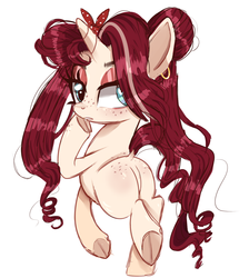 Size: 1341x1496 | Tagged: safe, artist:peachesandcreamated, oc, oc only, oc:passion fruit, pony, unicorn, butt, deviantart watermark, ear piercing, earring, female, frog (hoof), horn, jewelry, looking back, mare, obtrusive watermark, piercing, plot, simple background, solo, underhoof, unicorn oc, watermark, white background