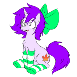 Size: 4000x4000 | Tagged: safe, artist:doodlegamertj, oc, oc only, oc:mable syrup, pony, unicorn, blind, bow, clothes, cutie mark, female, fluffy, happy, leaf, purple hair, simple background, socks, solo, striped socks, white background