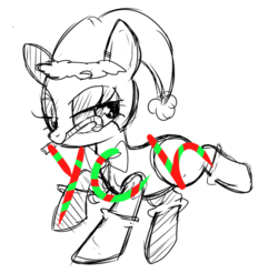 Size: 622x613 | Tagged: safe, artist:peachesandcreamated, oc, oc only, earth pony, pony, candy, candy cane, christmas, clothes, commission, earth pony oc, eyelashes, food, hat, holiday, lineart, mouth hold, santa hat, socks, solo, your character here
