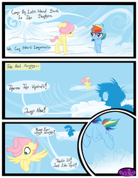 Size: 3500x4500 | Tagged: dead source, safe, artist:becauseimpink, fluttershy, rainbow dash, pegasus, pony, comic:transition, g4, cloud, colt, comic, dialogue, female, filly, filly fluttershy, filly rainbow dash, flying, male, on a cloud, transgender, younger