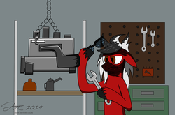 Size: 2560x1687 | Tagged: safe, artist:derpanater, oc, oc only, earth pony, pony, annoyed, engine, glasses, hoof hold, mechanic, soot, tools