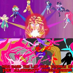 Size: 2560x2560 | Tagged: safe, artist:terry, edit, edited screencap, screencap, applejack, fluttershy, pinkie pie, rainbow dash, rarity, sci-twi, sunset shimmer, twilight sparkle, oc, oc:fausticorn, alicorn, comic:a hater's agenda, cheer you on, equestria girls, g4, my little pony equestria girls: better together, beast megatron, beast wars, blank eyes, clash of hasbro's titans, comparison, crossover, decepticon, high res, humane five, humane seven, humane six, megatron, ponied up, predacon, super ponied up, transformers, white eyes