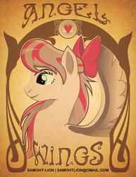 Size: 2550x3300 | Tagged: safe, artist:samoht-lion, angel wings, pegasus, pony, g4, bow, bust, female, hair bow, high res, mare, smiling, solo, text, wings