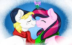 Size: 1132x706 | Tagged: safe, artist:cadetredshirt, oc, oc only, oc:triforce treasure, earth pony, pegasus, pony, beanie, bow, clothes, ear fluff, eyes closed, freckles, hat, headband, mistletoe, nuzzling, scarf, shipping, simple background, smiling, snow, two toned mane, wings, ych result