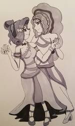 Size: 646x1080 | Tagged: safe, artist:zalla661, adagio dazzle, rarity, equestria girls, g4, adagity, bedroom eyes, clothes, dress, female, holding hands, lesbian, lidded eyes, looking at each other, monochrome, shipping, traditional art