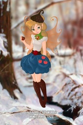 Size: 400x600 | Tagged: safe, artist:azaleasdolls, artist:user15432, applejack, fairy, human, equestria girls, g4, apple, barely eqg related, belt, boots, clothes, crossover, disney, disney style, dolldivine, element of honesty, fairy wings, fairyized, food, hat, high heel boots, jewelry, necklace, pixie scene maker, shoes, solo, wings