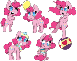 Size: 1280x1008 | Tagged: safe, artist:dragons-doodles, artist:milkssecondfavoritecookie, pinkie pie, earth pony, pony, g4, ball, balloon, beanie, belly, bipedal, bowl, clothes, cute, cutie mark, diapinkes, female, hat, mare, mixing bowl, mouth hold, multeity, no pupils, redbubble, scarf, simple background, smiling, solo, sticker set, tongue out, transparent background