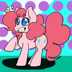 Size: 900x900 | Tagged: safe, artist:dragons-doodles, artist:milkssecondfavoritecookie, pinkie pie, earth pony, pony, g4, abstract background, beanbrows, cutie mark, eyebrows, female, mare, raised hoof, sidemouth, smiling, solo