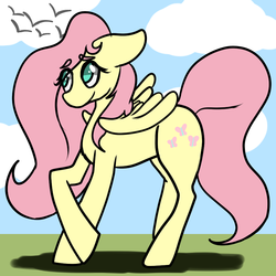 Size: 900x900 | Tagged: safe, artist:dragons-doodles, artist:milkssecondfavoritecookie, fluttershy, bird, pegasus, pony, g4, crossed hooves, cutie mark, eye clipping through hair, female, floppy ears, mare, smiling, solo