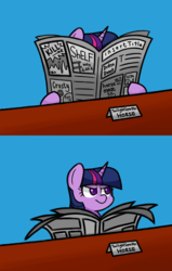 Size: 1000x1568 | Tagged: safe, artist:handgunboi, twilight sparkle, pony, g4, down beat bear, female, meme, newspaper, ponified meme, reading, solo, tom and jerry, tom reading the newspaper