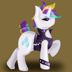 Size: 1280x1280 | Tagged: safe, artist:dragons-doodles, artist:milkssecondfavoritecookie, rarity, pony, unicorn, g4, alternate hairstyle, brown background, cutie mark, female, looking at you, mare, narrowed eyes, punk, raised hoof, raripunk, simple background, solo