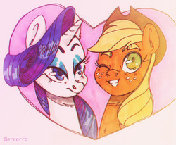 Size: 842x695 | Tagged: safe, artist:derrorro, applejack, rarity, earth pony, pony, unicorn, g4, bust, female, grin, heart, lesbian, lidded eyes, looking at you, mare, one eye closed, ship:rarijack, shipping, smiling, wink