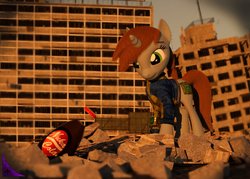 Size: 1007x720 | Tagged: safe, artist:kiodima, oc, oc only, oc:littlepip, pony, unicorn, fallout equestria, 3d, cinema 4d, clothes, fanfic, fanfic art, female, hooves, horn, jumpsuit, mare, nuka cola, pipbuck, ruins, solo, vault suit