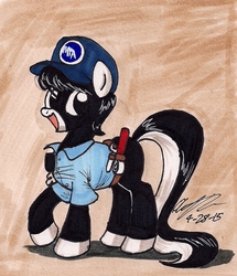 Size: 913x1060 | Tagged: safe, artist:newyorkx3, oc, oc only, oc:tommy junior, earth pony, pony, cap, clothes, colt, hat, male, shirt, solo, toolbelt, tools, traditional art